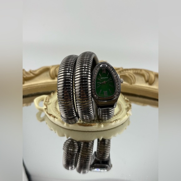 Gunmetal Coil Bracelet Watch with Green Dial โ Statement Stretch Watch - Picture 6 of 10
